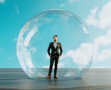 Digitally generated concept image of man inside a big bubble. It could be isolation for health reasons, but it could also be, that the man is inside a financial bubble.